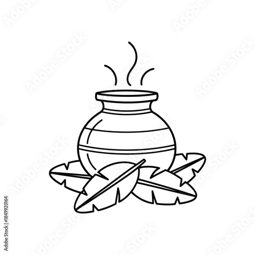 A steaming pot sitting on leaves symbolizing a natural and earthy cooking method or a herbal remedy