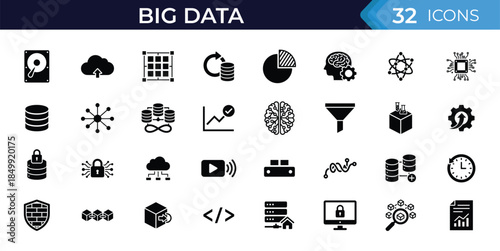 Big Data solid icon set. Filled vector icons for database, data center, cloud storage, analytics, machine learning and server infrastructure