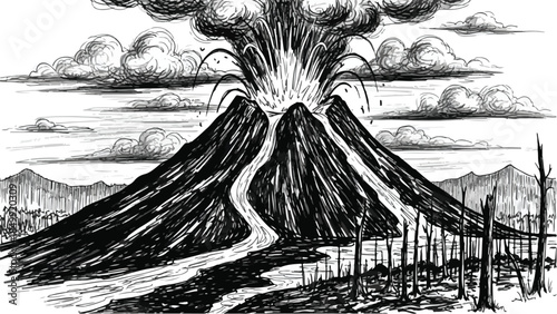 Erupting volcano with lava flow and ash cloud landscape vector sketch