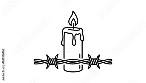 A black and white illustration of a candle with a flame and dripping wax wrapped with barbed wire