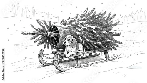 Golden retriever dog pulling a christmas tree on a sled vector sketch