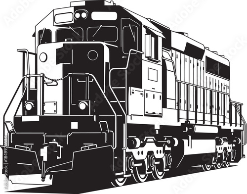 Black and white illustration of a train locomotive engine with bold lines and geometric shapes on a plain white background