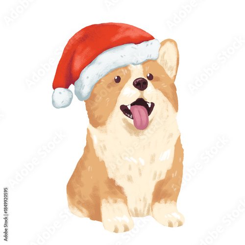 Cute Corgi Dog Wearing Santa Hat Christmas Illustration