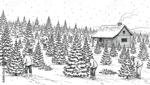 Christmas tree farm with people picking out trees in winter sketch