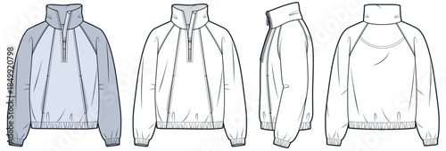 Half Zip Jacket technical fashion illustration. Raglan Sleeve Sweatshirt fashion flat technical drawing template, pockets, front, side and back view, white, blue, women, men, unisex CAD mockup.
