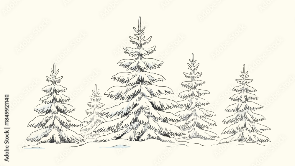 Fototapeta premium Row of minimalist pine trees in winter snow landscape vector sketch