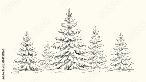 Row of minimalist pine trees in winter snow landscape vector sketch