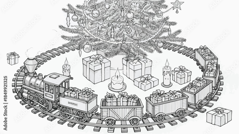 Fototapeta premium Model train set running around a decorated christmas tree vector sketch