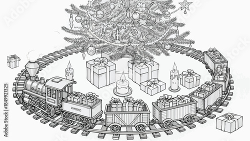 Model train set running around a decorated christmas tree vector sketch