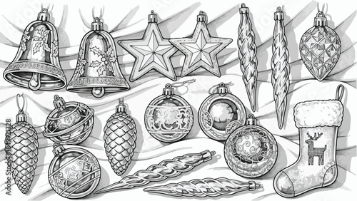 Set of vintage christmas tree ornaments and bells vector sketch