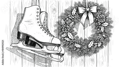 Vintage ice skates hanging on wooden wall with christmas wreath sketch