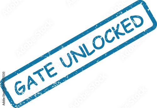 Distressed blue rubber stamp impression displaying the words GATE UNLOCKED against a pristine white backdrop