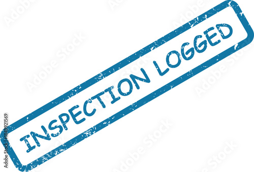 Distressed blue rubber stamp indicating INSPECTION LOGGED on a bright white background
