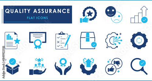 A set of flat icons related to Quality Assurance. Quality, verify, goods, tag, certified, feedback, like, dislike, gear, report, and so on.