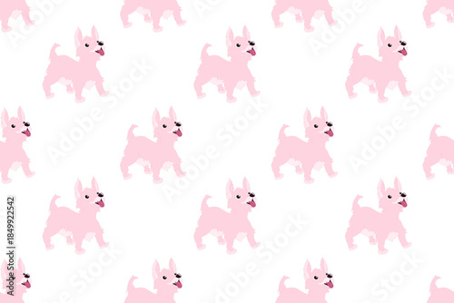 Seamless minimalist vector pattern of a cute walking pink terrier dog on a white background, ideal for clean pet-themed textiles, nursery decor, and whimsical digital paper.