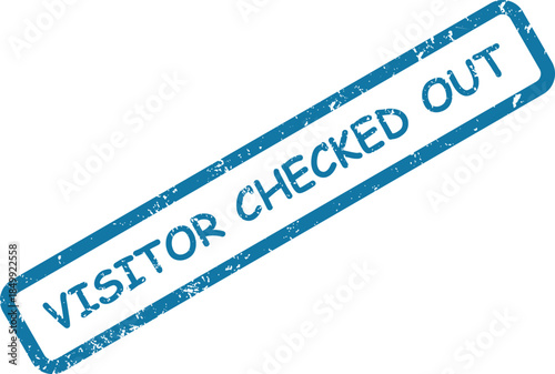The phrase VISITOR CHECKED OUT is clearly visible on this blue rubber stamp with a rustic, grunge effect on white