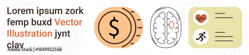 Financial services, healthcare, neurology, data management, health tracking, decision-making. Circular money symbol, brain outline and data card. Financial services and healthcare concepts