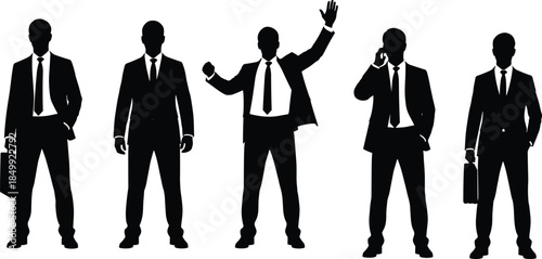 Businessman silhouette, corporate pose vector, professional attire, black and white, office gesture, CAD drawing flat vector illustration, career icons, executive style