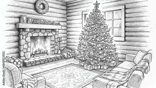 Cozy living room with fireplace and christmas tree vector sketch interior