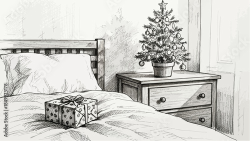 Bedroom interior with a gift box on bed and small christmas tree sketch