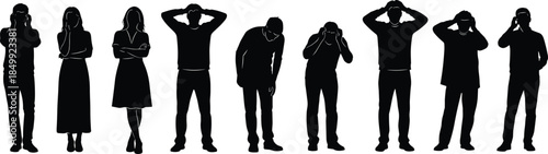 Silhouette, people, body, language, gesture, emotion, stress, anxiety, pose, reaction, communication, mental, health, expressive, flat, vector, illustration, cad, drawing, concept