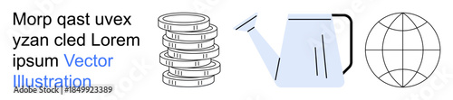 Finance, global connectivity, business growth, investment, sustainability, economic concepts. Stack of coins, watering can and wireframe globe on white background. Finance and global connectivity