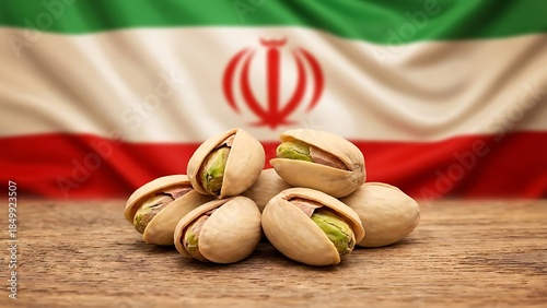 Iranian pistachios piled on a rustic wooden surface with the national flag waving softly in the background creating a patriotic food concept