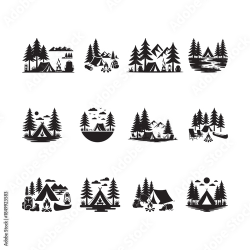 Black Color Camping in Forest Outdoor Adventure Silhouette Vector Illustration, Solid White Background.