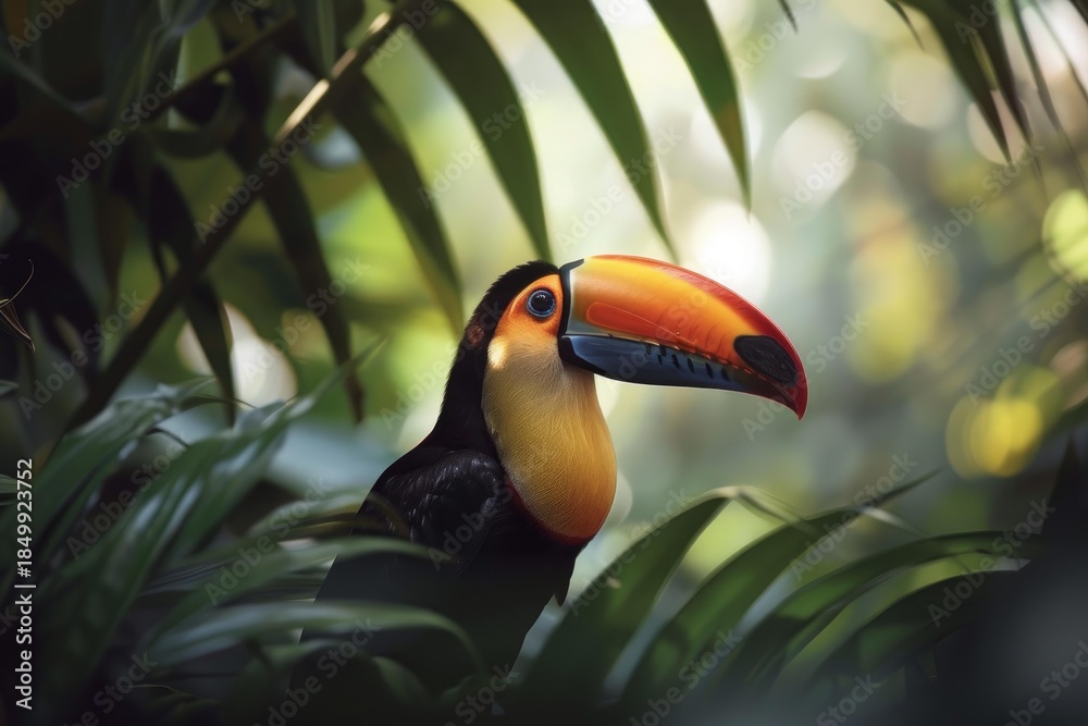 Fototapeta premium Ramphastos sulfuratus enjoying the sunlight filtering through jungle leaves
