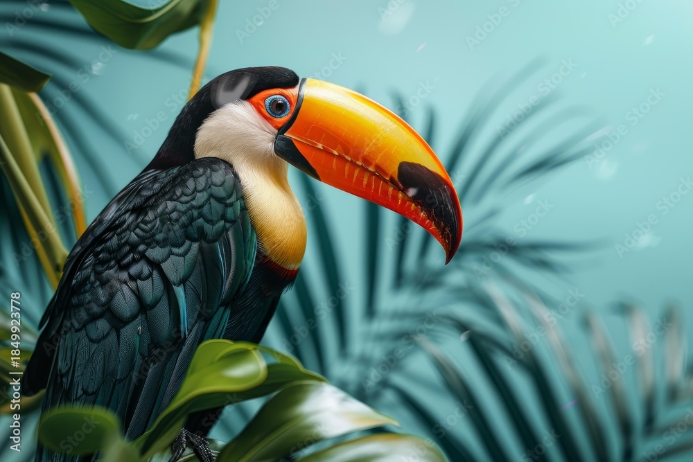 Obraz premium Colorful channel billed toucan resting on a branch amidst vibrant tropical foliage
