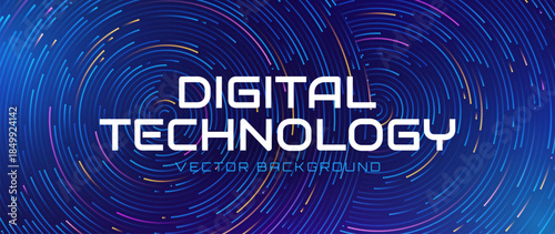 Digital Technology Vector Background. Futuristic AI Tech Banner With Glowing Abstract Connections. Innovation And Cyber Security Presentation Backdrop.
