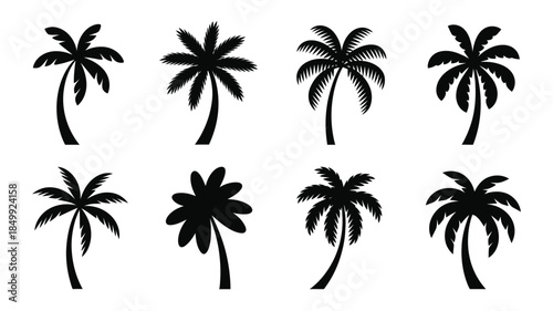 Eight black silhouette palm trees arranged in a grid pattern