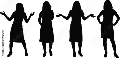 Female posture and gesture icon set, black silhouette illustration of expressive body language and character design concept graphic