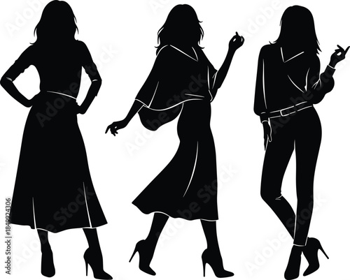 Fashion pose trio icon set, black silhouette illustration of stylish women in diverse outfits and expressive posture concept graphic