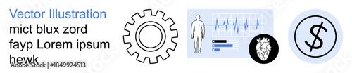 Healthcare analysis, technical processes, cardiology, biomedical research, finance management, data monitoring. Diagram with ECG, human figure gear icon and dollar symbol. Healthcare and cardiology