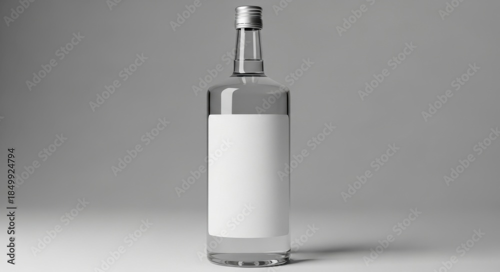 Obraz premium Clear glass bottle mockup with blank label standing on a simple surface in a neutral environment