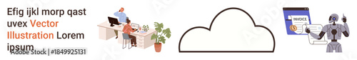 Cloud technology, workplace productivity, automation, data storage, cybersecurity, robotics. A blank cloud icon centered, robot and employees performing tasks around. Cloud computing and workplace