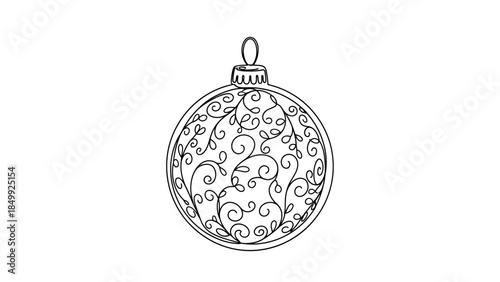 Elegant Christmas ornament illustration with leaf pattern, continuous line drawing captures minimalistic festive