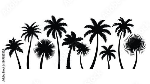 A striking black silhouette depiction of several palm trees against a white background