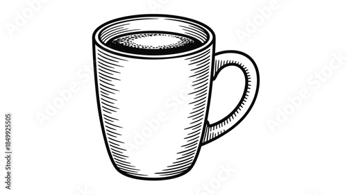 A detailed black and white illustration of a full coffee mug