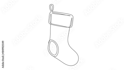 A minimalist one-line drawing of a Christmas stocking hanging with a loop design	
