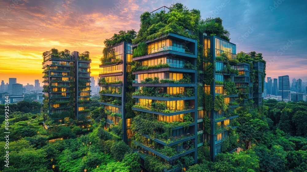 Obraz premium Urban green buildings at sunset. Lush vegetation adorns modern skyscrapers