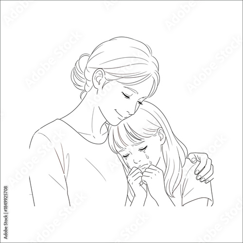 Gentle mother comforting sad daughter illustration