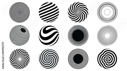 Optical illusions a collection of swirling circular black and white patterns