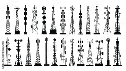 Variety of communication towers depicted in a black and white silhouette style