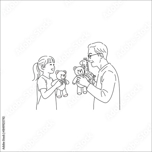 Father and daughter playing with teddy bears illustration