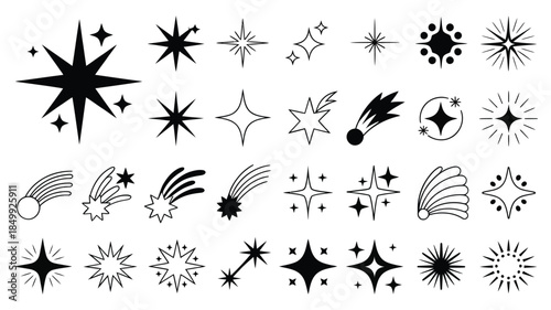 Collection of various black starbursts sparkles and comet illustrations on white background