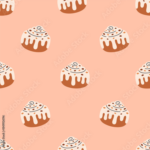 Seamless pattern with cute cinnamon roll with sugar glaze and chocolate. Swirl cinnamon bun. Perfect for banner, wallpaper, wrapping paper, background, card, poster. Vector illustration
