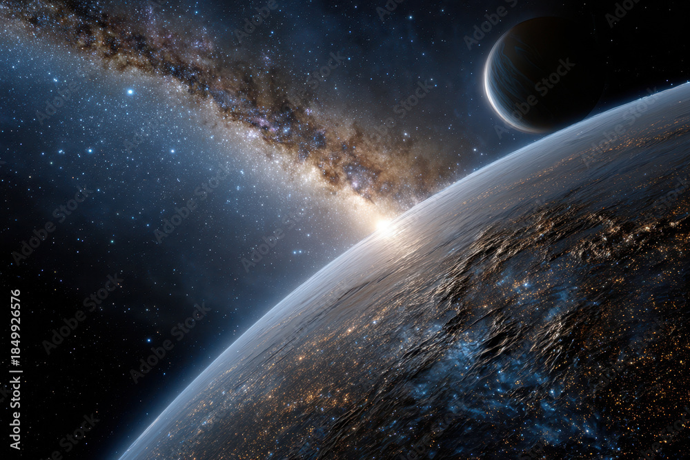 Fototapeta premium Views of a distant planet with a galactic backdrop and galaxy shining in the distance