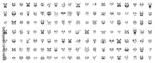Tableau sur toile Cute Character Face Icons, Line Art Drawing of Animated Expressions, Emotional S